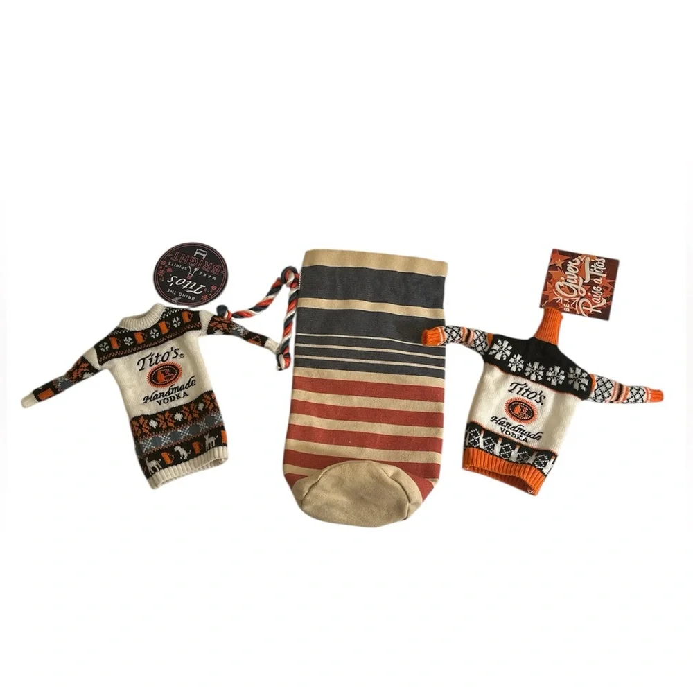 NWT Bundle Two Tito’s Handmade Vodka Mini Knit Bottle Sweaters & Canvas Bag